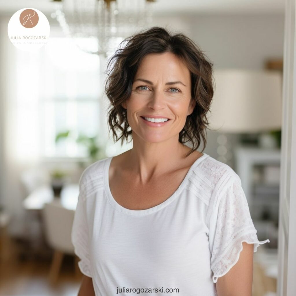 Femme souriante et sereine dans un intérieur lumineux et épuré, symbolisant le bien-être et la clarté mentale après un audit d'aménagement.