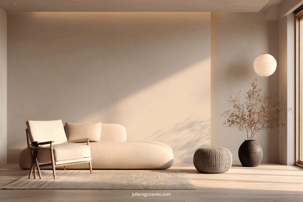 Intérieur lumineux et épuré aux tons beiges et naturels, symbole d’équilibre et de clarté pour illustrer la consultation préparatoire Feng Shui.